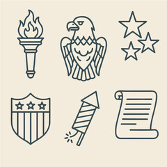 Clean line art icons perfect for Independence Day designs websites or social media graphics.  Versatile style suitable for various projects.  Instantly download these high-quality assets.
