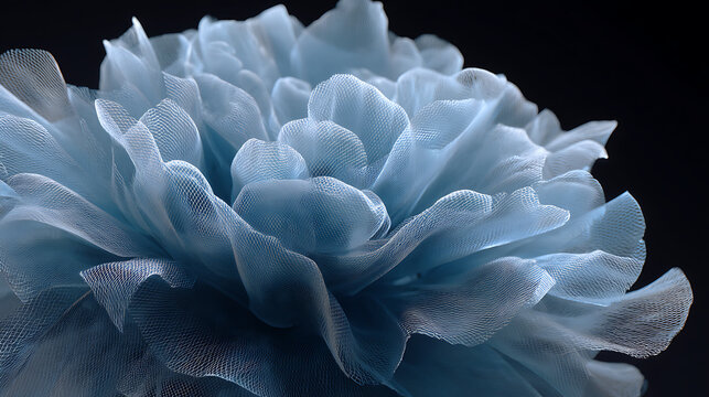  An ultra realistic close-up of a delicate pale blue mesh-like flower structure floating against a black backdrop with intricate translucent layers and fine net patterns