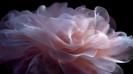  An ultra realistic close-up of a delicate pale pink mesh-like bloom hovering against a dark backdrop showcasing intricate translucent layers and fine net-like texture