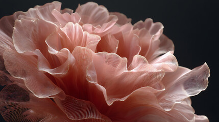  An ultra realistic close-up of a delicate pale pink mesh-like bloom hovering against a dark backdrop showcasing intricate translucent layers and fine net-like texture