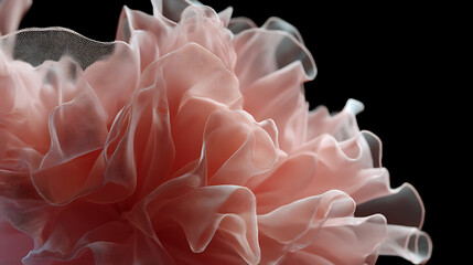  An ultra realistic close-up of a delicate pale pink mesh-like bloom hovering against a dark backdrop showcasing intricate translucent layers and fine net-like texture