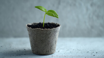 A fresh young green seedling with cotyledon leaves emerges from soil inside a textured biodegradable pot placed on a clean white surface against a neutral background