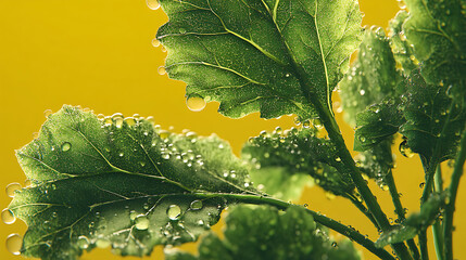 A vivid close-up of fresh kale leaves covered in sparkling water droplets set against a bright yellow background emphasizing the contrast and texture of the leafy surface