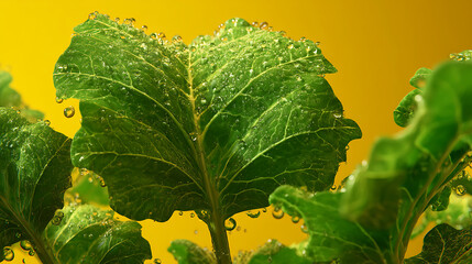 A vivid close-up of fresh kale leaves covered in sparkling water droplets set against a bright yellow background emphasizing the contrast and texture of the leafy surface