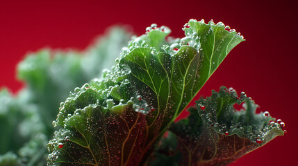  A detailed close-up of vibrant green kale leaves covered in glistening water droplets set against a bold red backdrop highlighting the texture and veining of each leaf