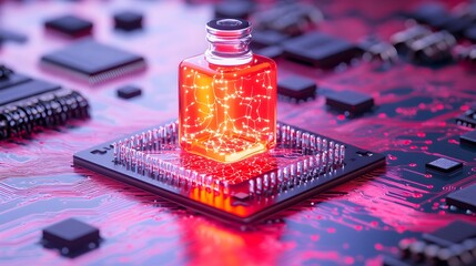 Glowing vial on circuit board, data processing