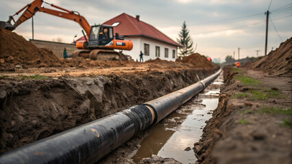 Underground installation of a sewage plastic Pipeline&ndash; Construction Site with Excavator and Residential Background