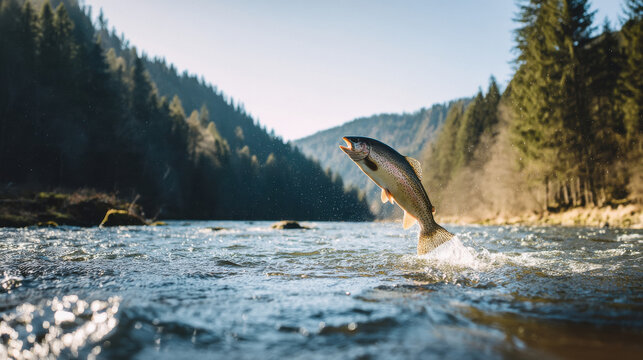 A beautiful photo of a trout jumping out of the water in a flowing river, with a forest and mountains in the background