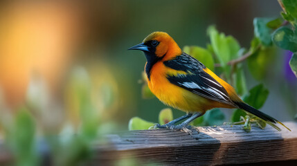 A brilliantly hued bird, celebrated for its striking plumage, rests gracefully on a timeworn, weather-beaten fence.