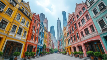 Colorful street with historical buildings and modern skyscrapers in the background