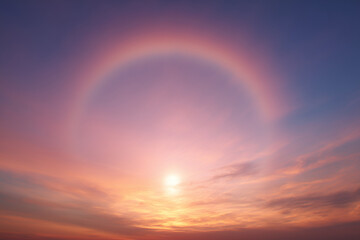 Obraz premium Sunset sky with a colorful sun halo and soft pink and purple clouds creating a serene and atmospheric natural phenomenon in the evening.