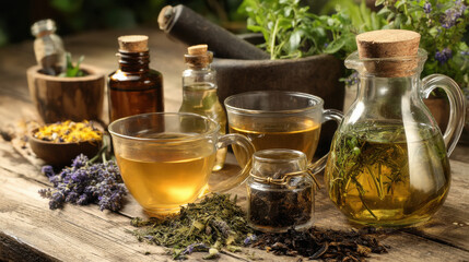 A collection of herbal teas, essential oils, and medicinal plants on a wooden table