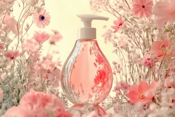 Body Wash bottle surrounded by pastel flowers