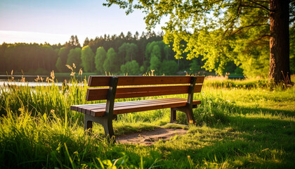 Fototapeta premium Empty bench inviting to sit and relax in a peaceful park during golden hour