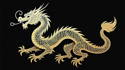 Fototapeta premium Delicate gold filigree dragon: Elegant vector with subtle gradients, creating an ornate and sophisticated Chinese design.