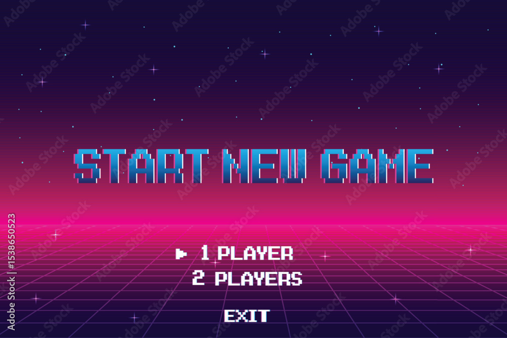 Fototapete start new game play .synthwave wireframe net illustration. pixel art .8 bit game. retro game. for ga