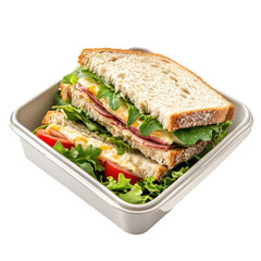 Freshly Made Sandwich with Lettuce, Tomato, and Cheese in a Container on transparent background