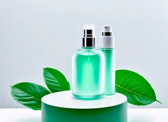 Cosmetic set on a white table with green leaves. Bottles for skin care on display with cosmetics