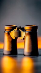 Golden binoculars on table, sunset backdrop, exploration concept