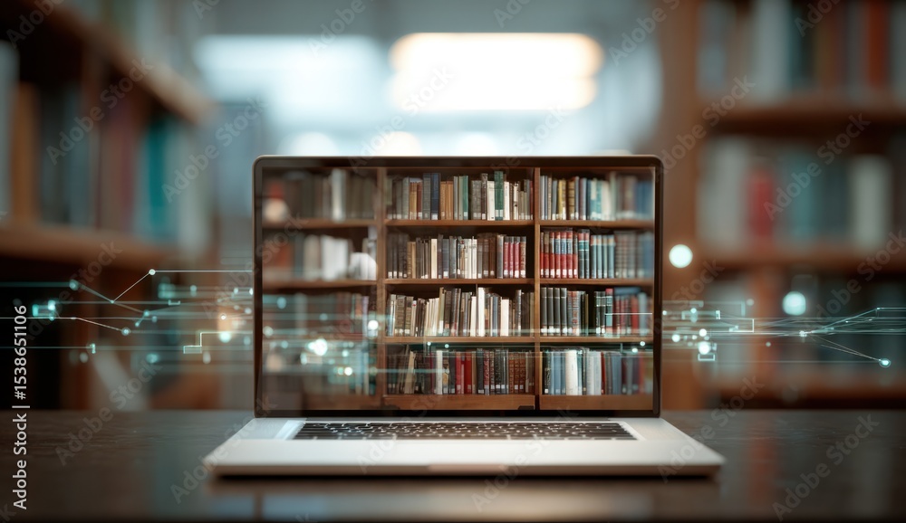 Fototapete a laptop displays bookshelves with digital line graphics in front on a dark desk in a blurred librar