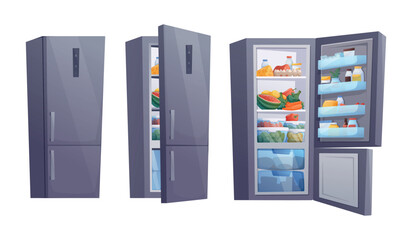 Set of three vector isolated cartoon refrigerators, closed, slightly open, and fully open with food inside. Perfect for kitchen visuals, meal planning, grocery delivery, healthy lifestyle projects.