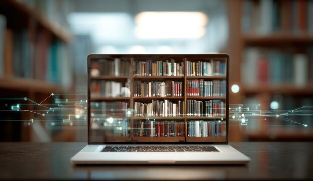 A laptop displays bookshelves with digital line graphics in front on a dark desk in a blurred library setting