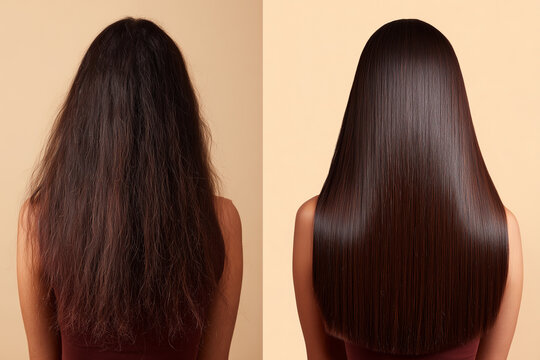 woman with frizzy hair and smooth hair transformation, black long hair, hair care, before and after, brown background