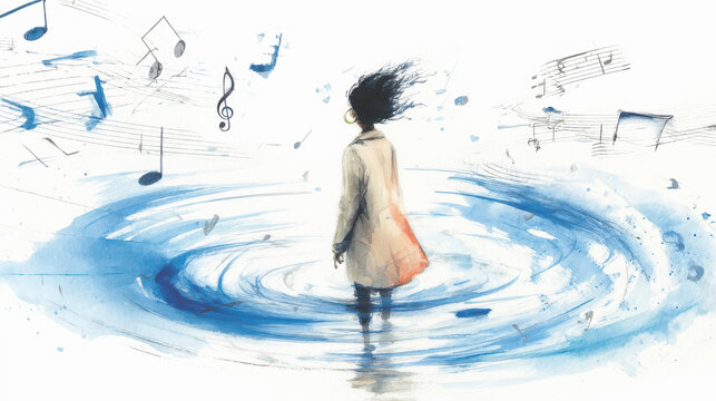 indian woman surrounded by a swirling vortex of musical notes, each note a different shape and size, conveying his disorientation and confusion
