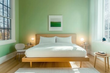 Modern stylish English bedroom, bed made of wood with white softheadboard and white bedding