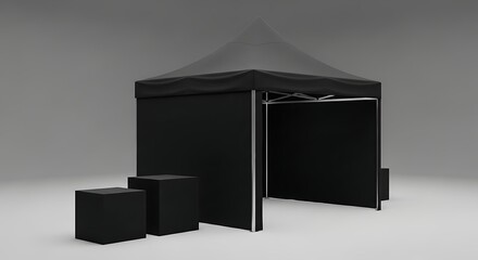 Elegant black promotional gazebo with podiums for sophisticated product displays