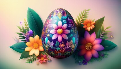 Fototapeta premium decorated egg surrounded by flowers and leaves for easter vibrant and colorful