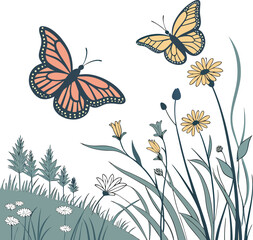 Colorful Butterflies and Wildflowers in a Serene Landscape Illustration for Nature-Inspired Design