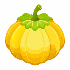Cartoon illustration of a yellow pattypan squash with a green stem and leaves isolated on a white background for use in designs and illustrations