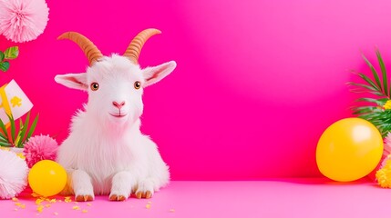 White goat pink background party decor