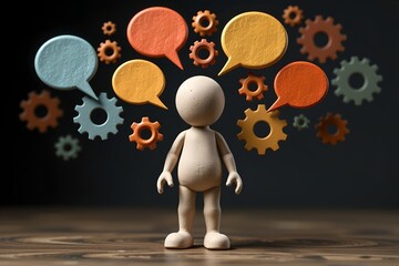 faceless 3d clay figure, connecting speech bubbles through gears, dialogue and understanding