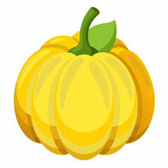 Vibrant Yellow Pumpkin Illustration with Green Stem and Leaf Perfect for Autumn Halloween and Thanksgiving Designs Isolated on White Background for Easy Integration