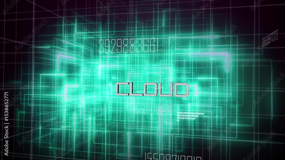 Poster neon green grid structure pulsing and rotating in void, revealing cloud text with scrolling code