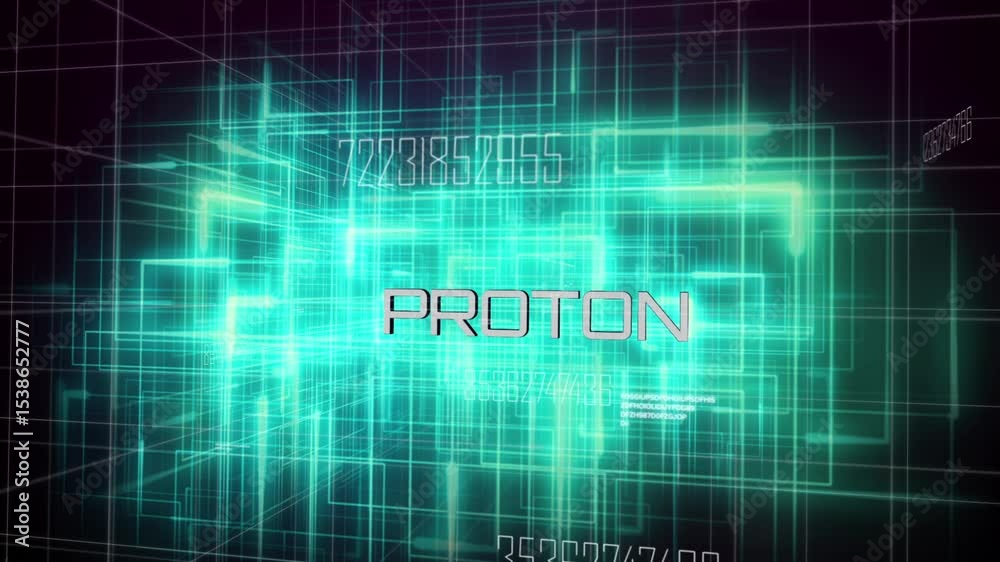 Poster lighting up turquoise lines forming wireframe block rotating in matrix, highlighting proton label