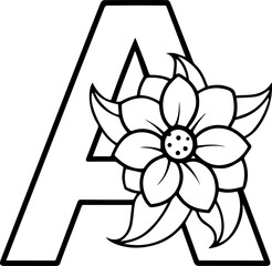 Alphabet A coloring page with the flower, A letter digital outline floral, ABC coloring page