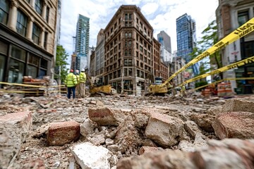Construction workers supervising road demolition in city center