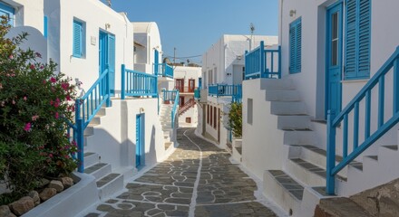 Charming narrow street with white buildings and blue accents in a picturesque coastal village