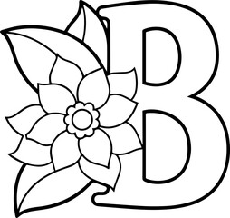 Alphabet B coloring page with the flower, B letter digital outline floral, ABC coloring page