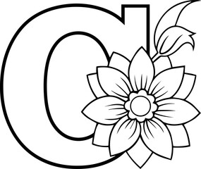 Alphabet C coloring page with the flower, C letter digital outline floral, ABC coloring page