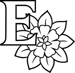 Alphabet E coloring page with the flower, E letter digital outline floral, ABC coloring page