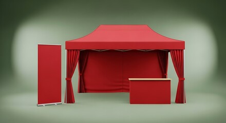 Elegant red promotional tent with stand and counter for advertising purposes