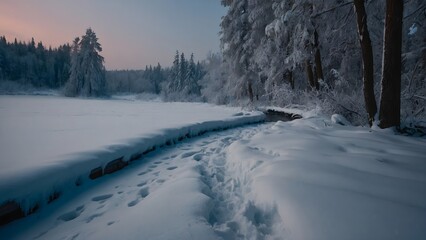 Obraz premium Snowy Footprints Leading Through a Winter Landscape with Trees and Stream