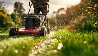 A lawnmower cuts grass spraying water droplets in sunlight Man operates machine