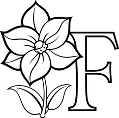 Alphabet F coloring page with the flower, F letter digital outline floral, ABC coloring page