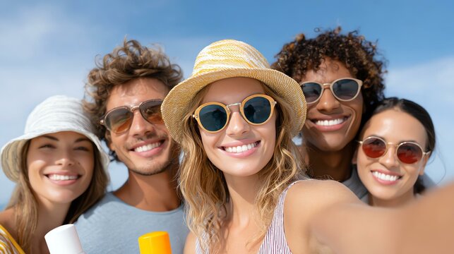 diverse sun care portraits A cheerful group of friends enjoying a sunny day at the beach, capturing memories with smiles and sunglasses.