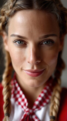 Close-up portrait of young White woman in traditional Bavarian outfit with blonde braids and confident look.